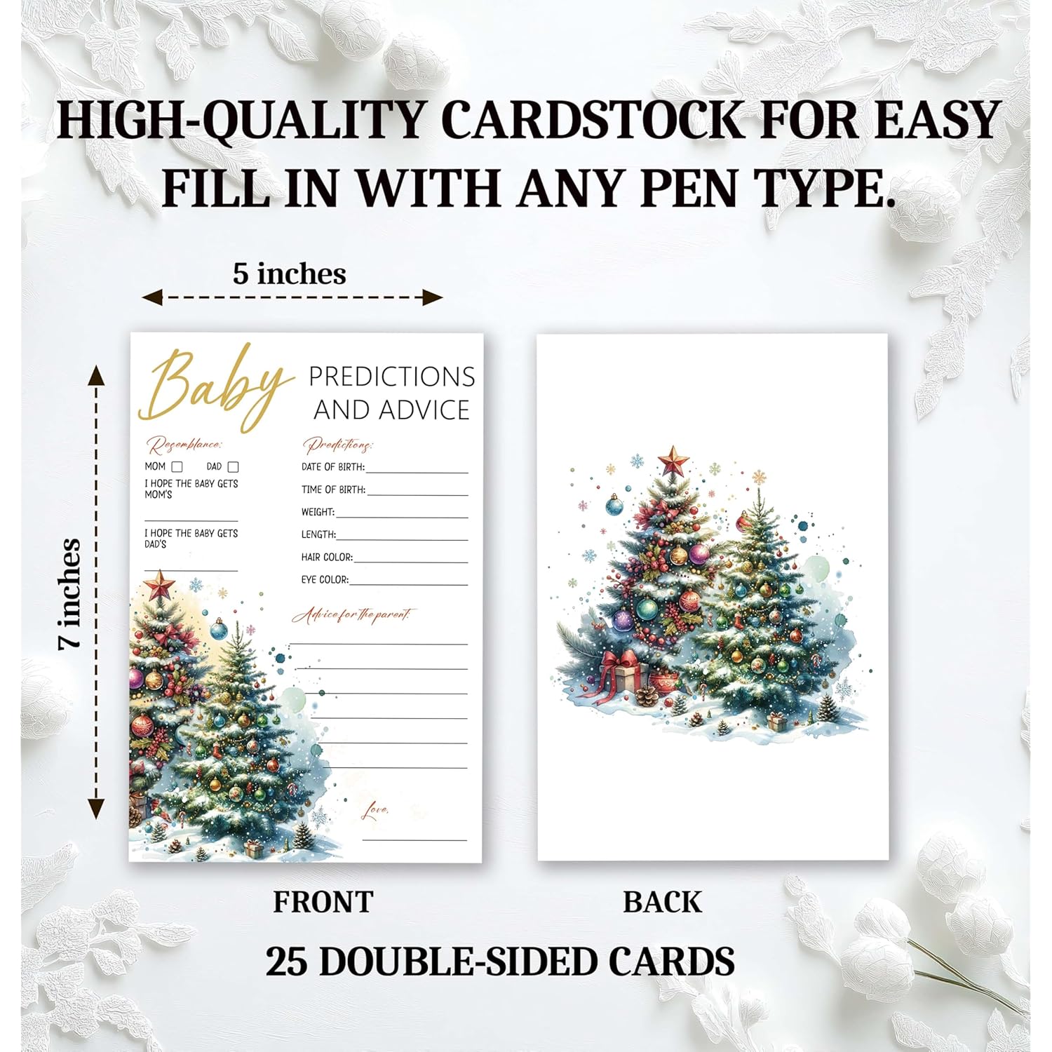 Christmas Baby Shower Game Cards – 25 Double-Sided Baby Prediction & Advice Cards, Winter Xmas Tree Gender-Neutral Party Favors – C04