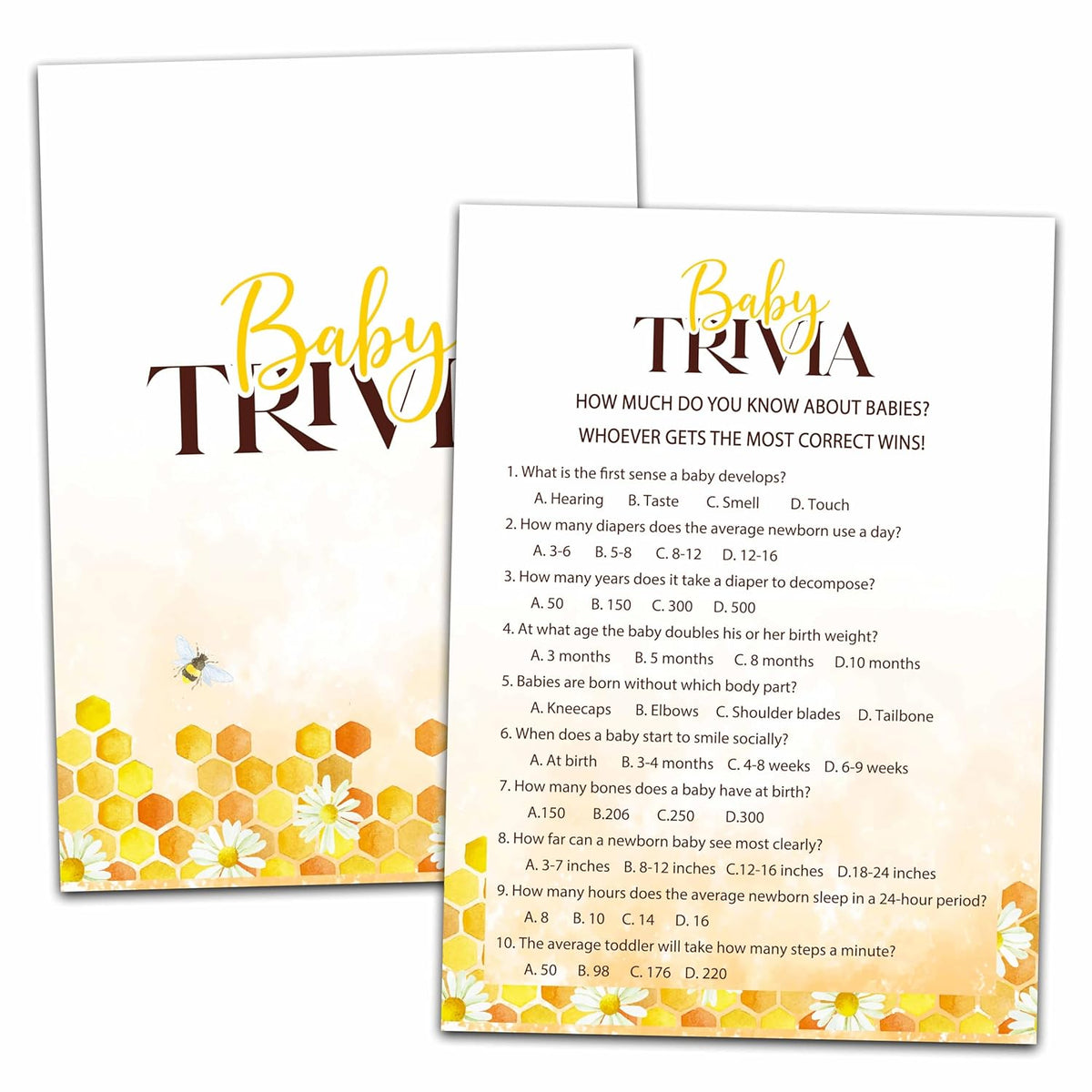 Baby Shower Party Games, Baby Trivia Minimal Baby Shower Game, 25 Honey Bee Gender Reveal Party Games Cards (5" X 7"), Bumble Bee Baby Shower Supplies Decorations -01