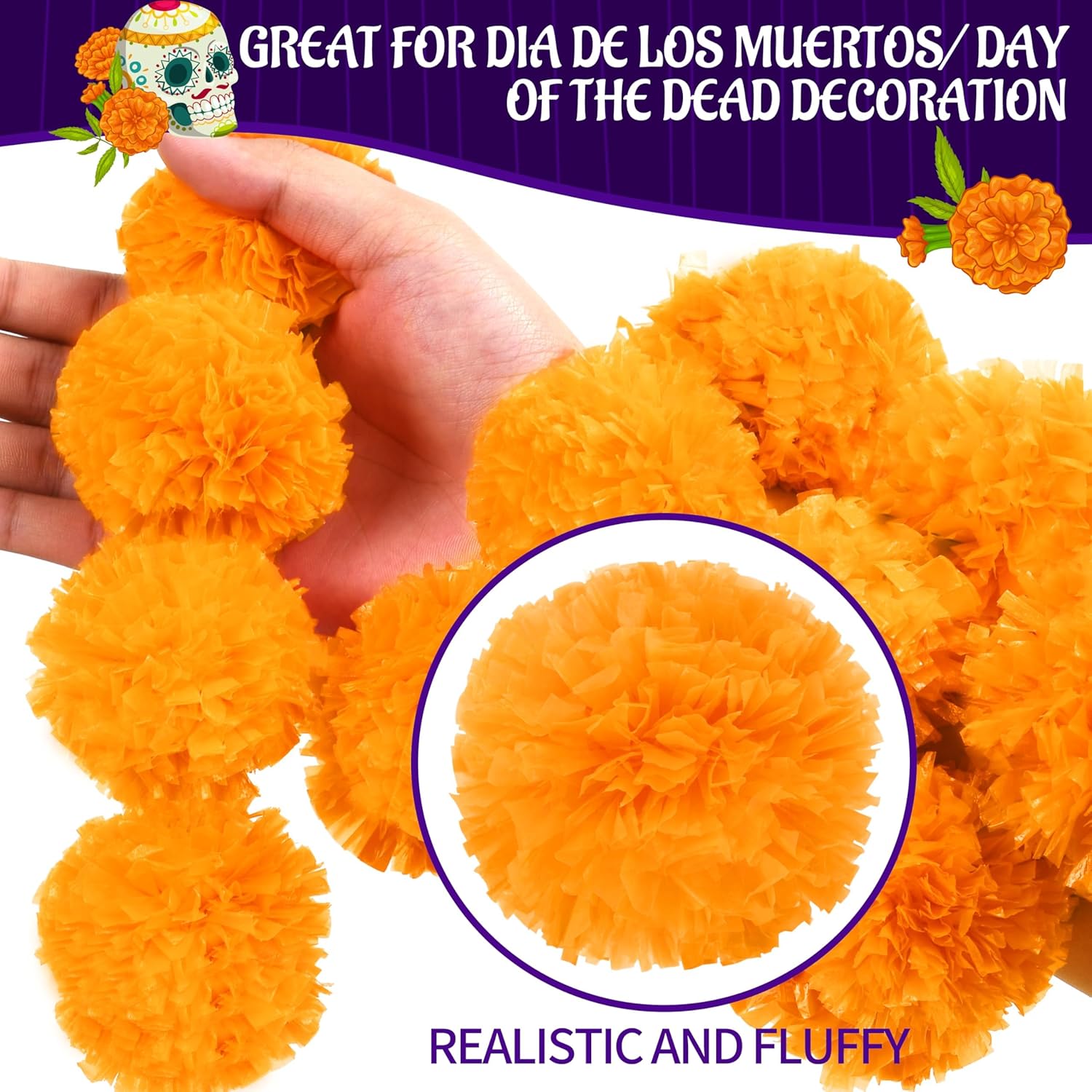 6 Pcs 5 Feet Long Strands Marigold Flowers Garland With Pendant Indian Wedding Decoration Artificial Decorations For Altar Faux Flower For Diwali, Pooja, Bush Floral Party (Orange)