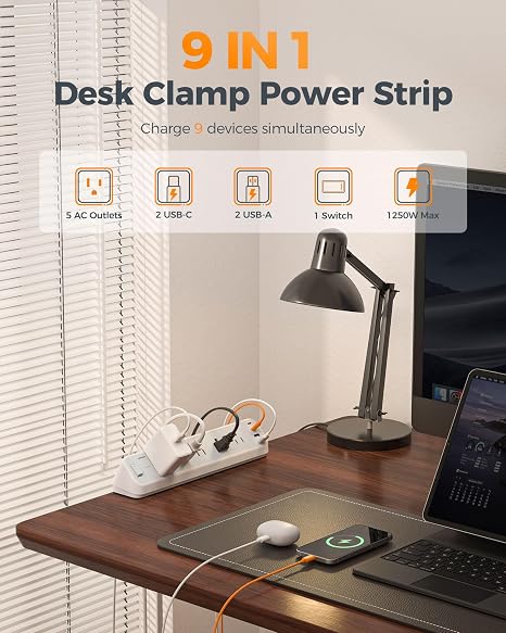 Desk Clamp Power Strip 5 Outlets 4 USB Ports 2 USB C 10FT Flat Plug Surge Protector Gray