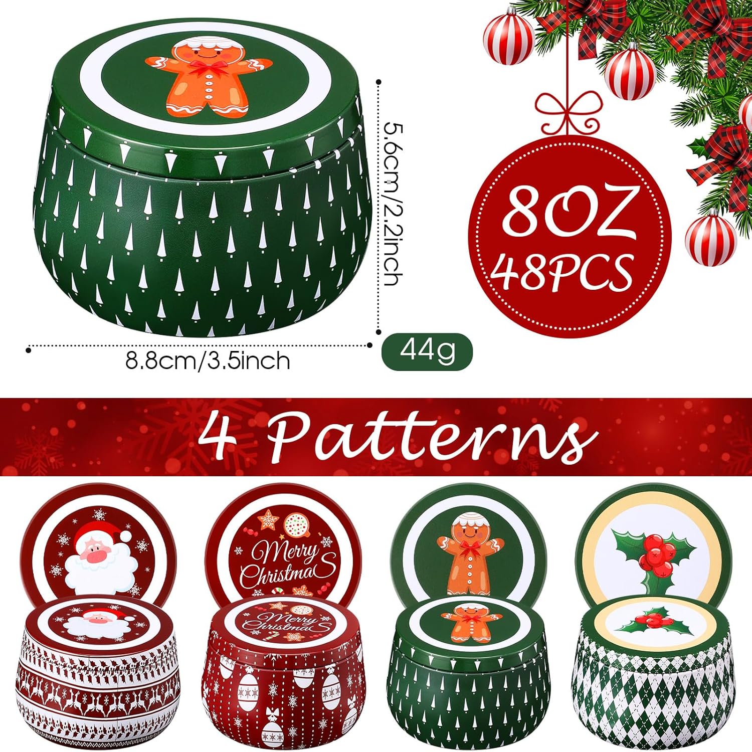 48 Pcs Christmas Candle Tins Cookie Metal Candles Tin Gifts Jars With Lids 8 Oz Candy Tinplate Retro Tins Round Containers For Candle Holiday Gift Giving Treat Biscuits Party Favors