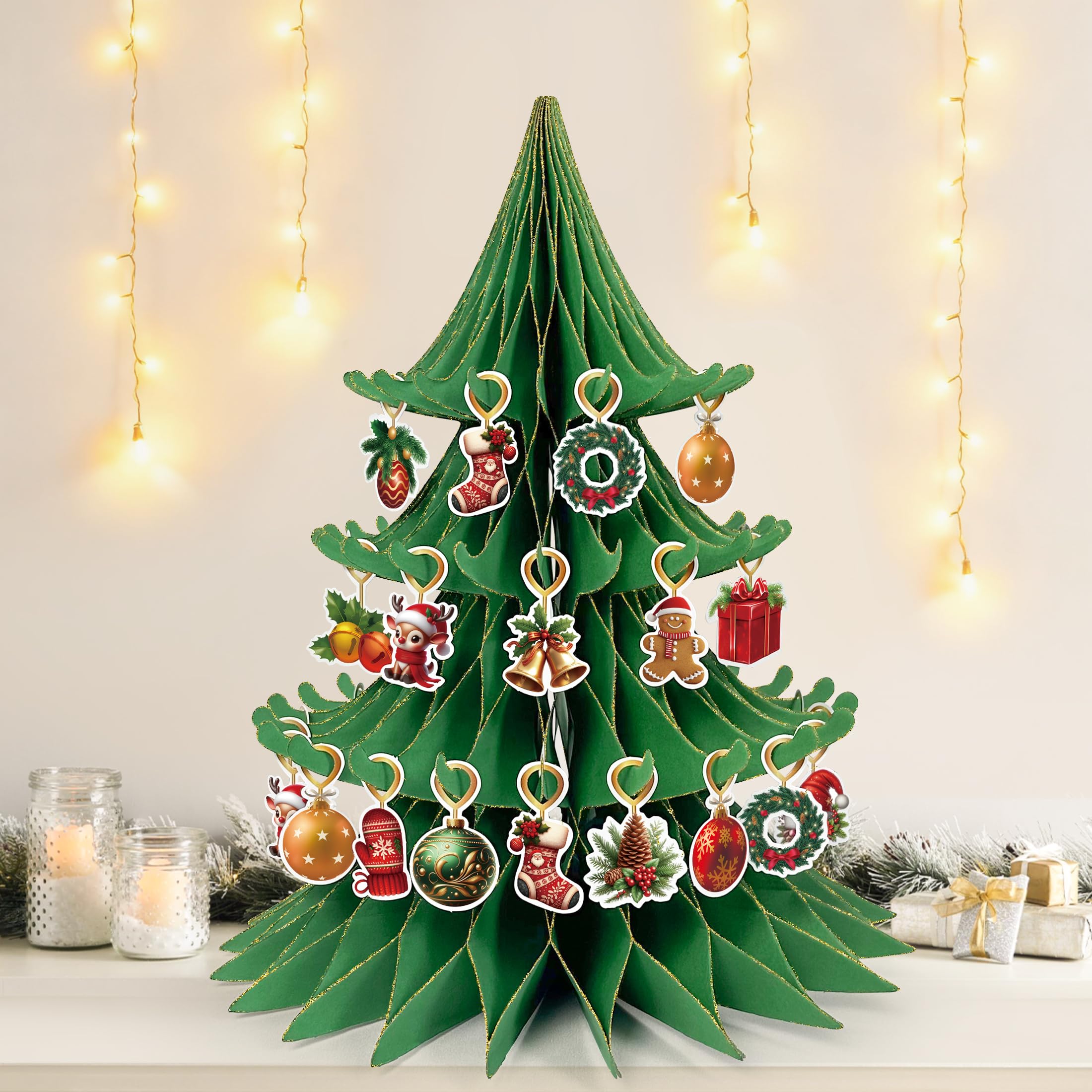 Paper Christmas Tree Honeycomb, Large Christmas Tree with Ornaments Christmas Centerpieces for Tables Home Office Classroom Party Decor