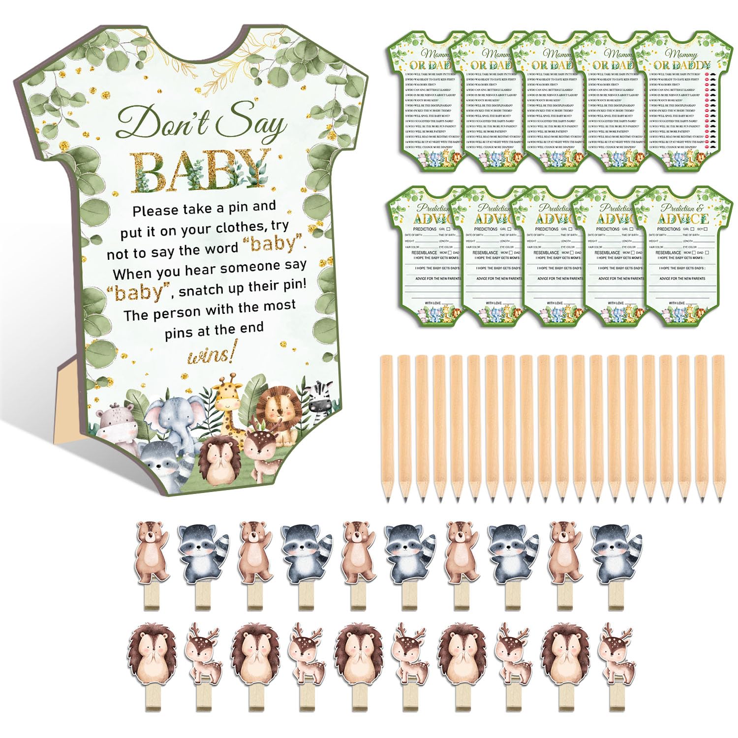 61Pcs Baby Shower Game Set, Gender Reveal Supplies For 20 Guests, Included 20 Pencils 1 Don'T Say Baby Sign 20 Clothespin, Woodland Animals Baby Shower Party Decorations