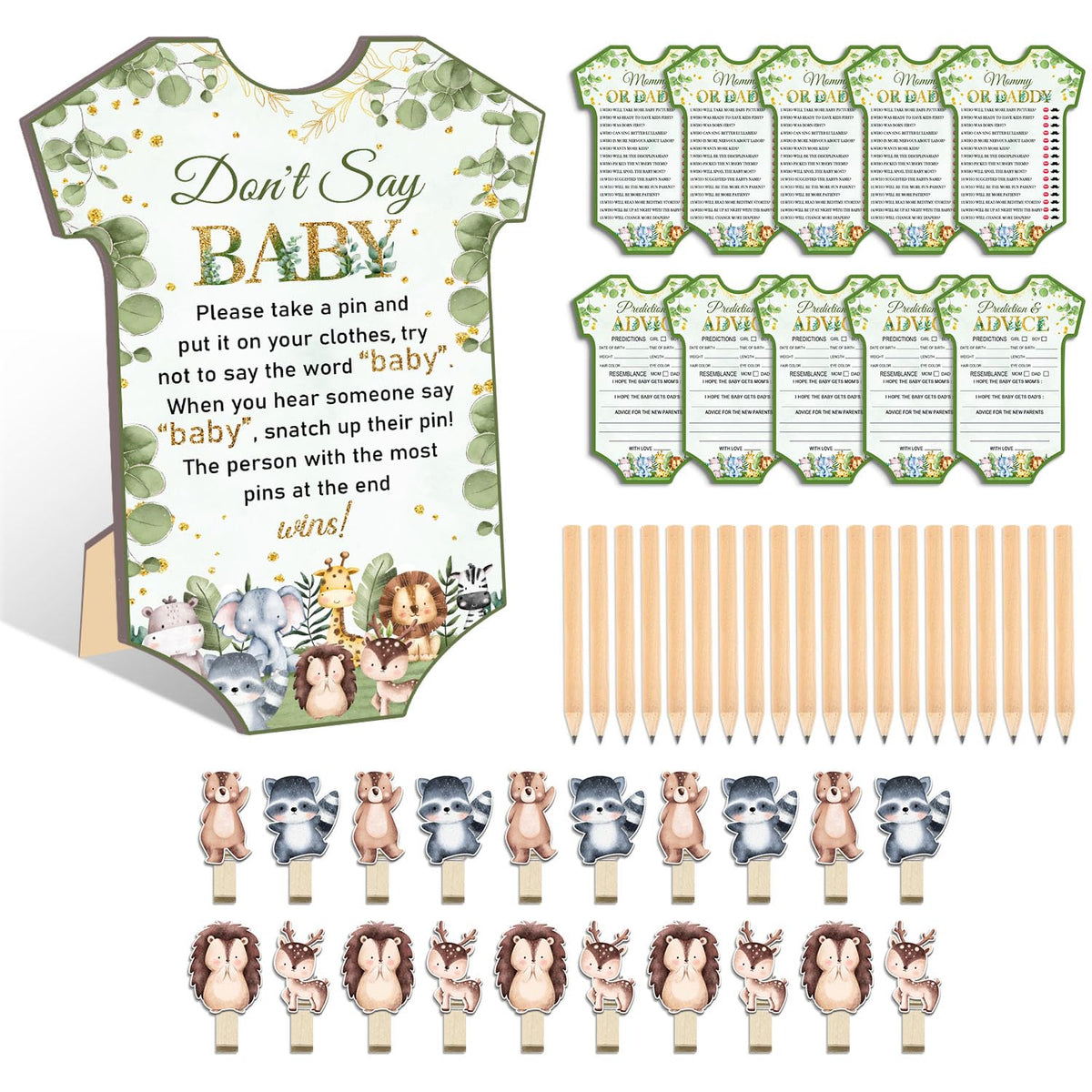 61Pcs Baby Shower Game Set, Gender Reveal Supplies For 20 Guests, Included 20 Pencils 1 Don'T Say Baby Sign 20 Clothespin, Woodland Animals Baby Shower Party Decorations