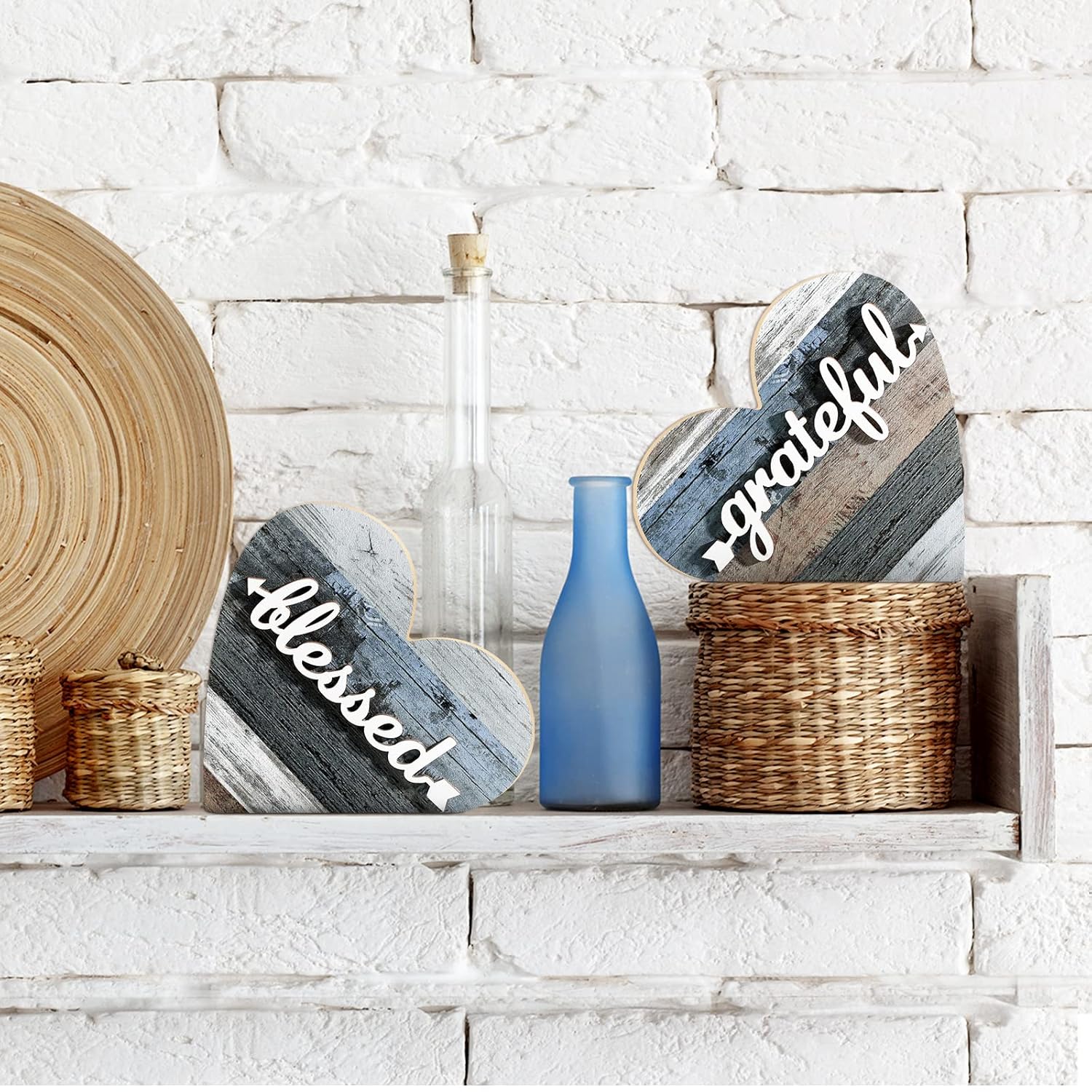 2 Pcs Rustic Table Decorations For Living Room Home Decor Farmhouse Valentines Day Centerpiece Small Love Wooden Heart Decor For Dining Room Shelf Valentines Gift Decoration(Grateful Style)
