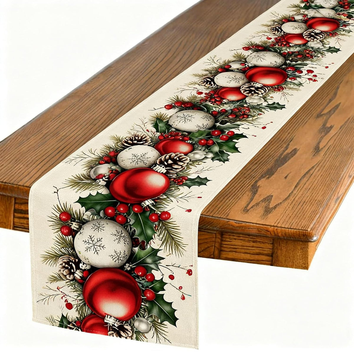 Christmas Table Runner Linen Tablerunner - Merry Xmas Table Decor With Balls Holly Leaves Berries Pine Cones Branches Perfect For Rustic Winter Holiday Kitchen Dining, Party, Mantel 13×72Inches(1 Pcs)