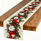 Christmas Table Runner Linen Tablerunner - Merry Xmas Table Decor With Balls Holly Leaves Berries Pine Cones Branches Perfect For Rustic Winter Holiday Kitchen Dining, Party, Mantel 13×72Inches(1 Pcs)