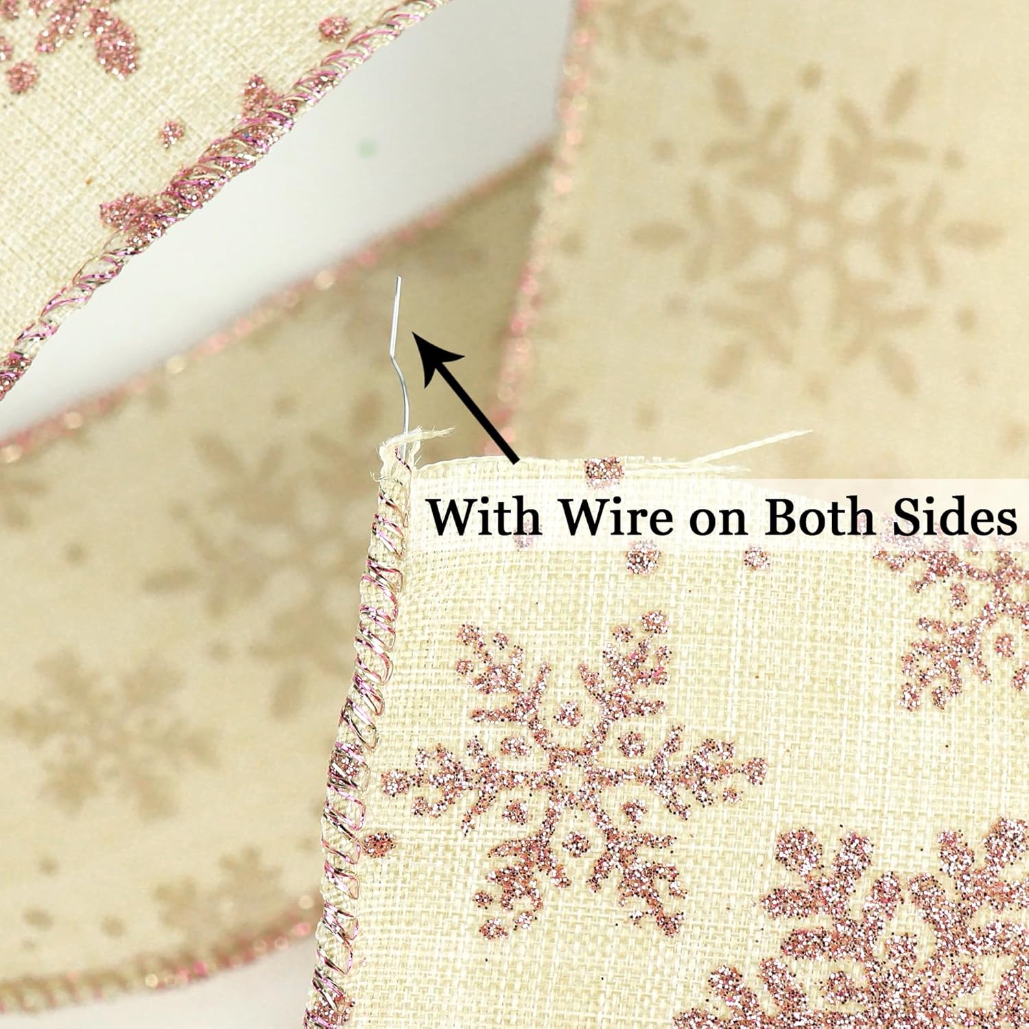 Snowflake Christmas Ribbon Wired Rose Gold Snowflake Burlap Ribbon For Tree, Bows Making, Wreaths, Gift Wrapping, Home Decor, Garland, Crafts-2.5 Inch X 10 Yards