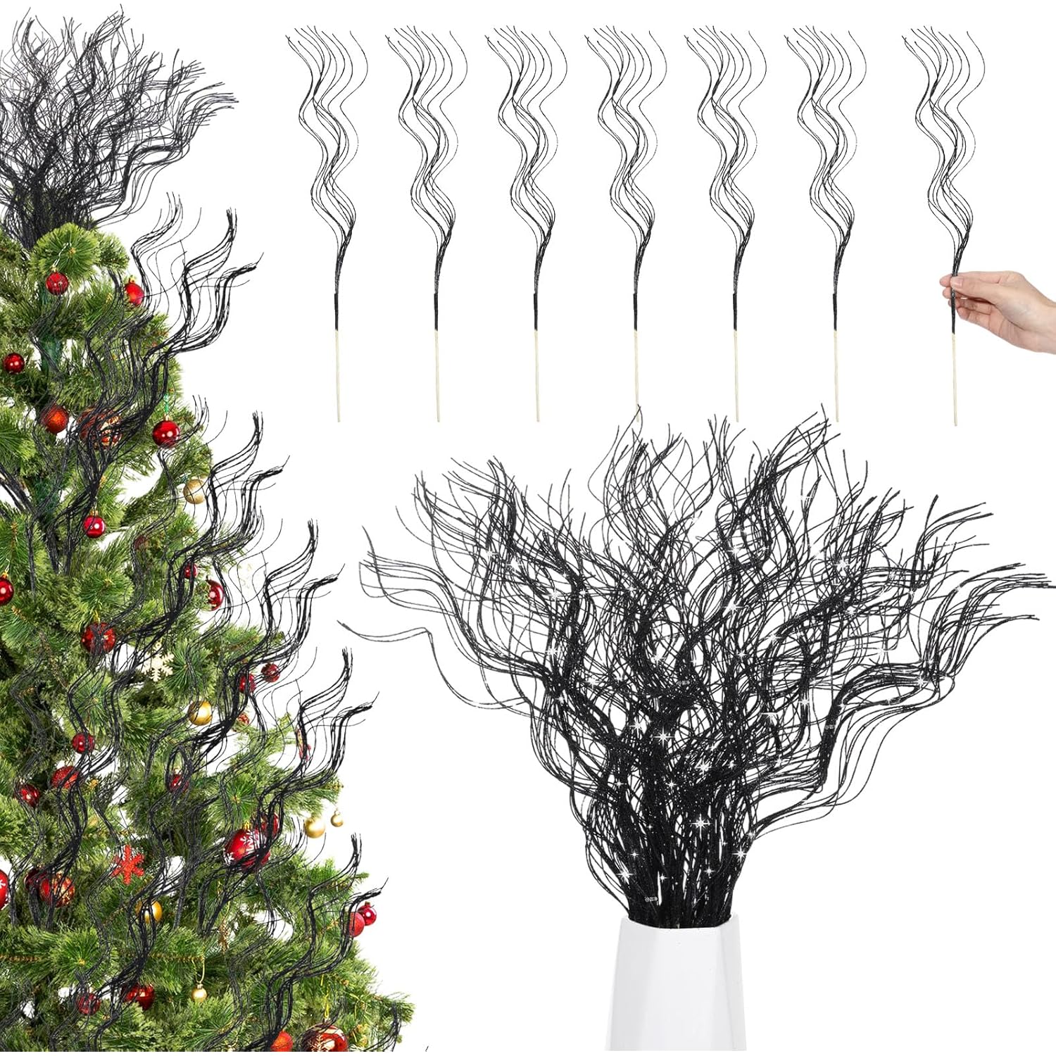 30 Pcs 17 Inch Christmas Glitter Curly Ting Ting Branches Sticks Stems Decorative Vase Filler Branches Artificial Curly Wispy Willow Twigs For Christmas Wreath Home Craft Decor (Black)