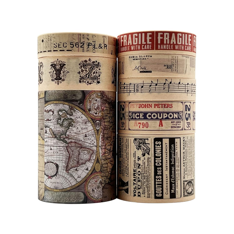 8 Rolls Vintage Washi Tape Set, 53/30/15/10/Mm Wide Map Travel Letter Antique