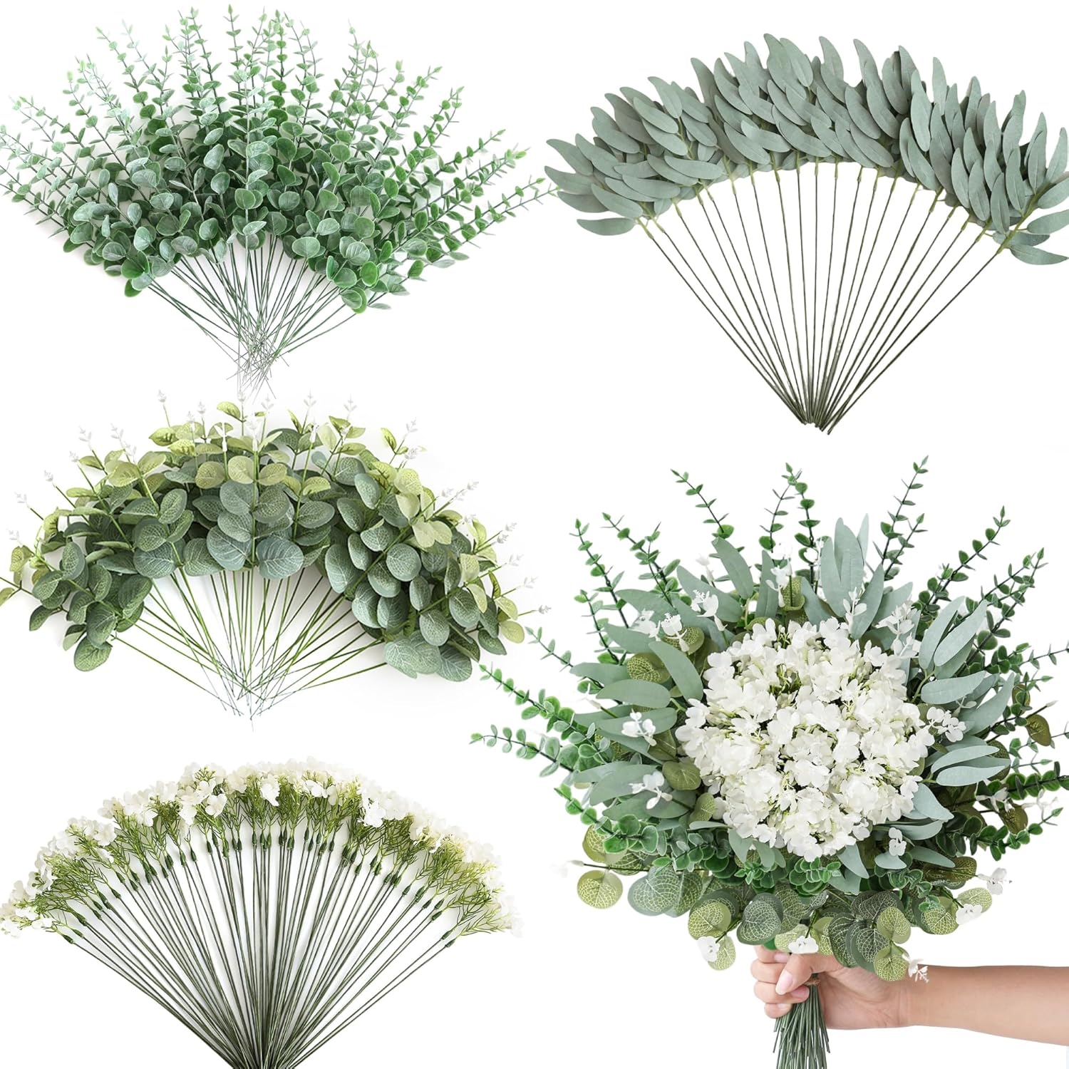 160Pcs Mixed Artificial Eucalyptus Stems And White Faux Flowers, Big Babys Breath And Eucalyptus Leaves Stems Bulk For Diy Wedding Bouquet Home Decor Floral Arrangement (Green 160Pcs)