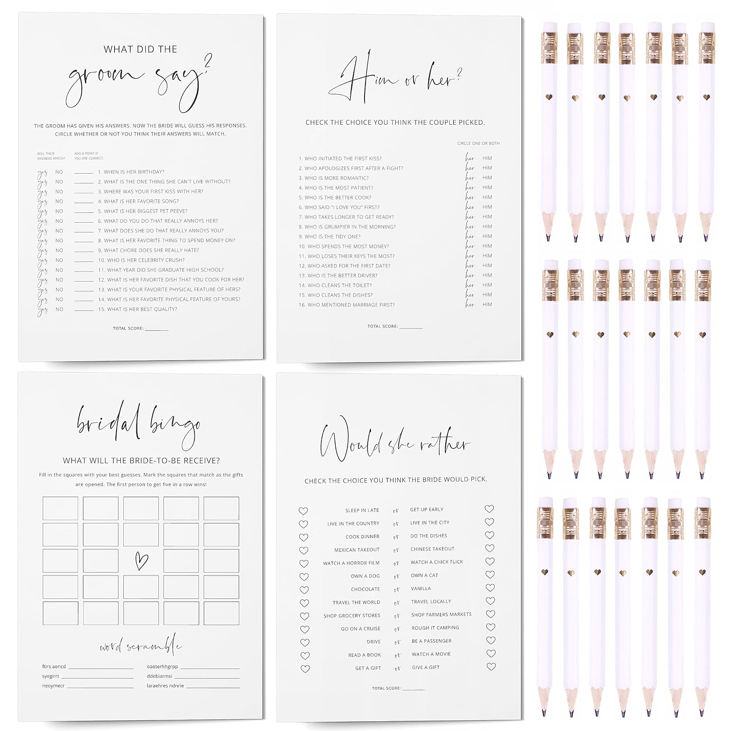 Bridal Shower Games Bundle - 5 Bridal Shower Games And Pencils For 30 Guests, Double-Sided Cards, Minimalist