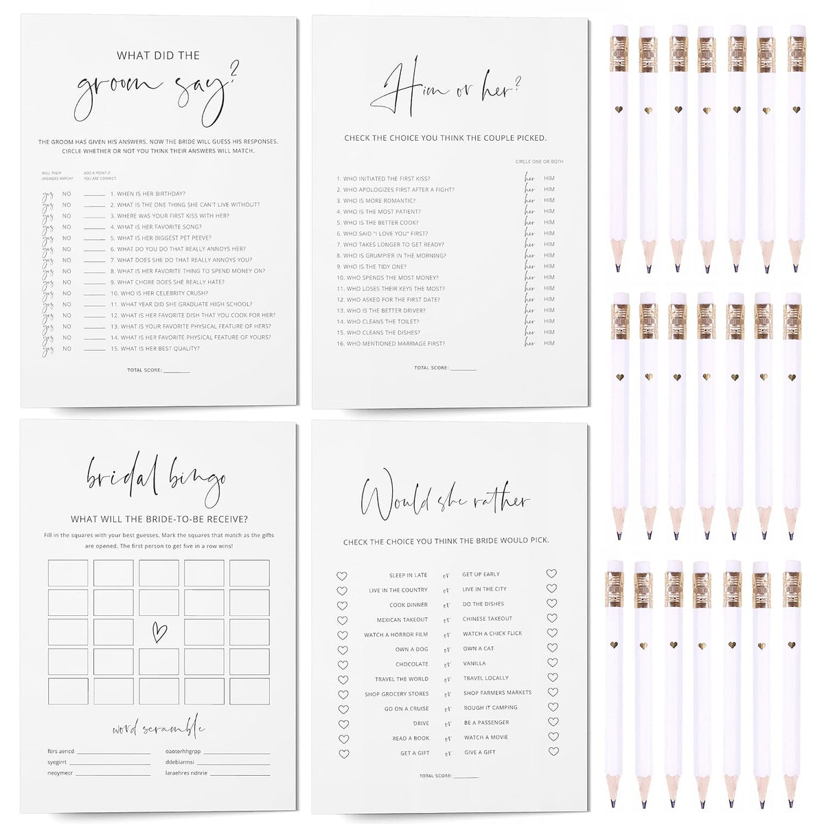 Bridal Shower Games Bundle - 5 Bridal Shower Games And Pencils For 30 Guests, Double-Sided Cards, Minimalist