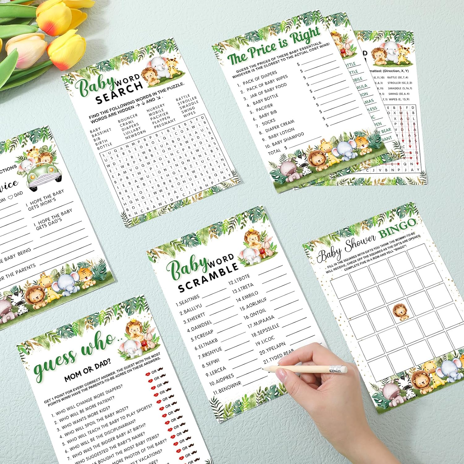 302 Pcs Safari Animal Theme Baby Shower Games, 6 Games, 50 Sheets Each, Shower Party, Word Scramble, Baby Word Search, Predictions And Advice, The Price Is Right