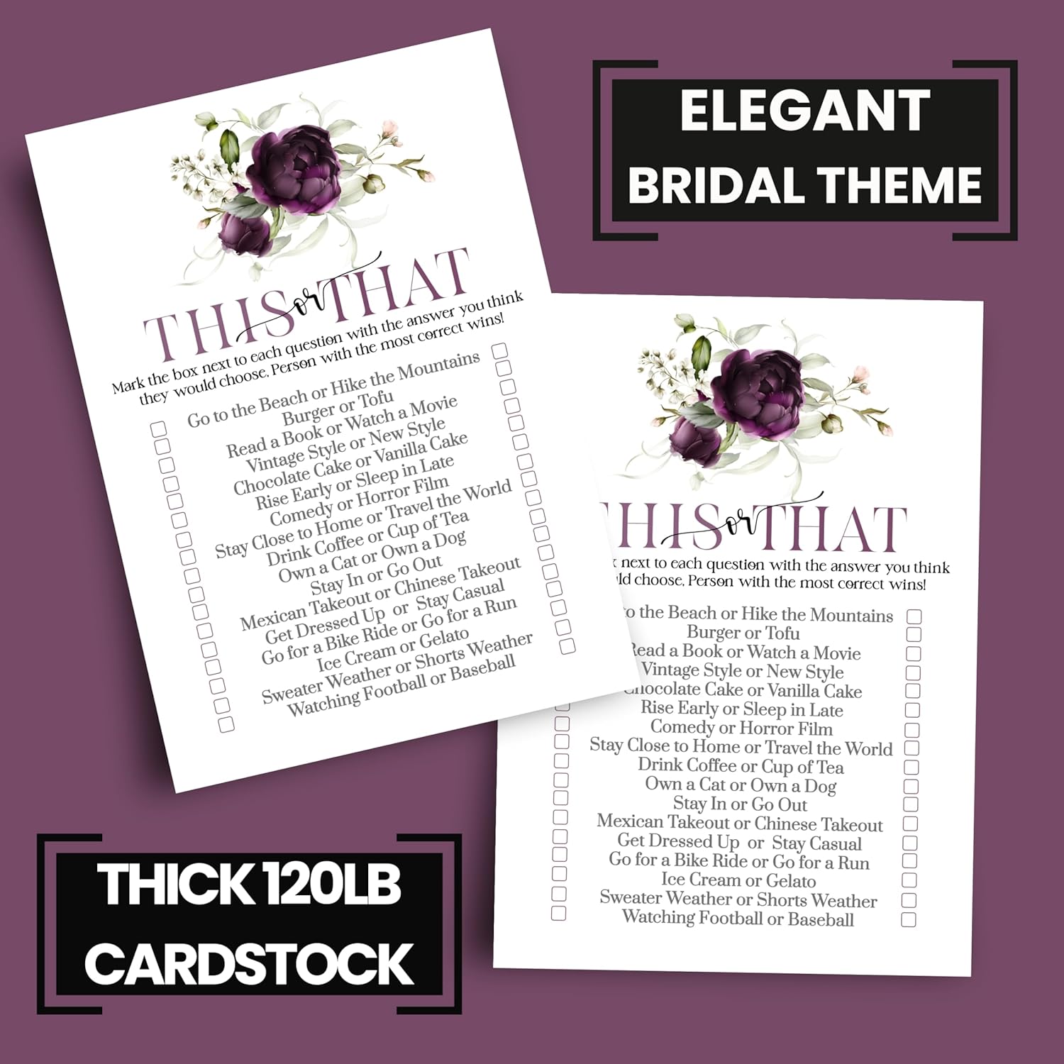 Purple Passion Bridal Shower Games - Would She Rather & This Or That Game - 25 Card Pack For Graduation Parties, Rehearsal Dinners & Birthdays - Modern Floral Design