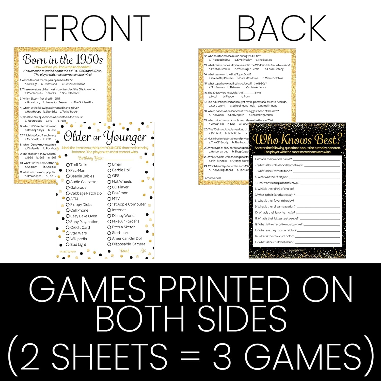 Black And Gold 70Th Birthday Game Bundle - Set Of 3 Birthday Party Games For 20 Guests, Born In The 1950S Theme