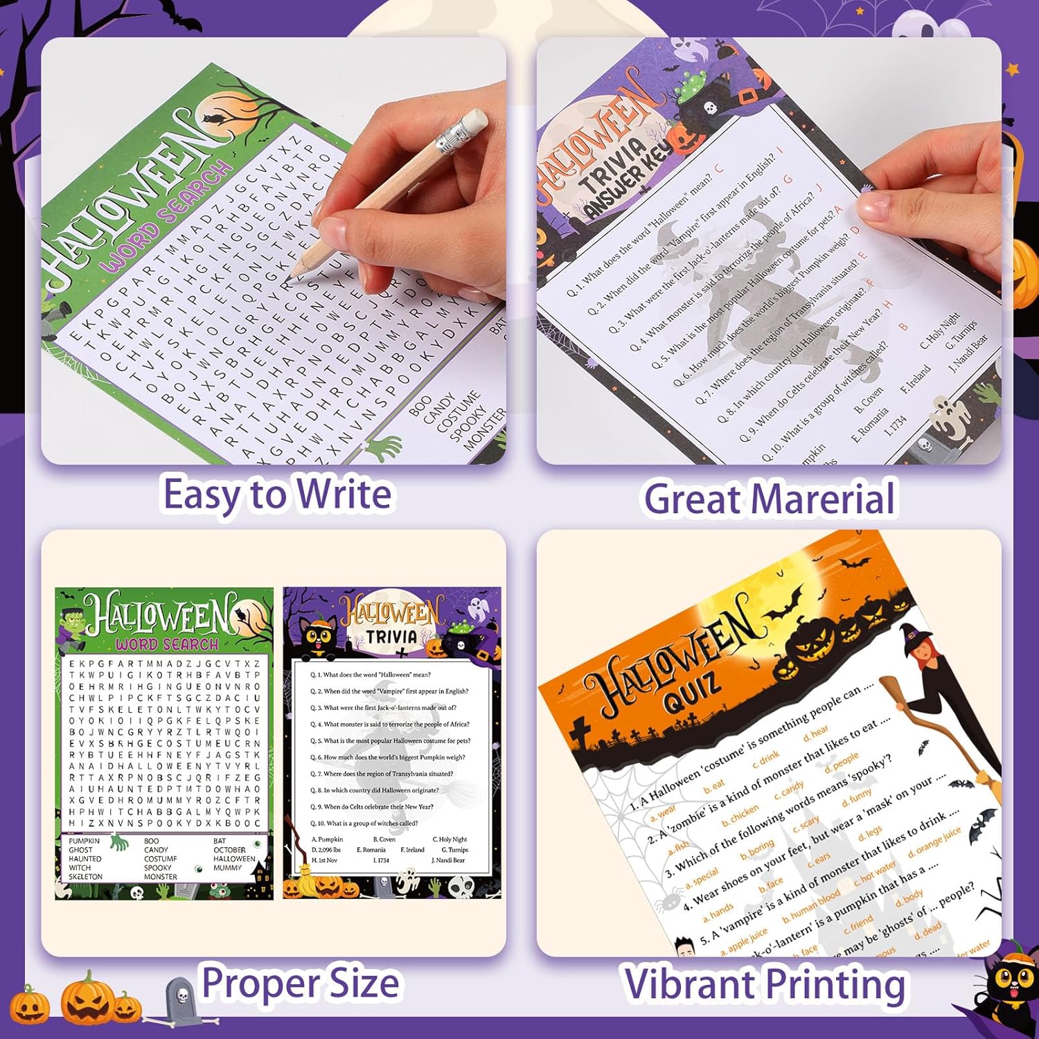 149 Pcs Halloween Party Games With Pencil 25 Players Halloween Word Search Scramble Trivia Quiz Game Bingo Card For Adults Groups Fall Family Activities Party Favors Supplies