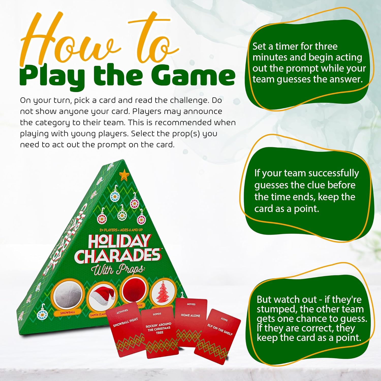: Holiday Charades - Game With Props, Includes 60 Christmas Themed Prompt Cards, Family Christmas Party Game, Adults Kids 6+, 2+ Players