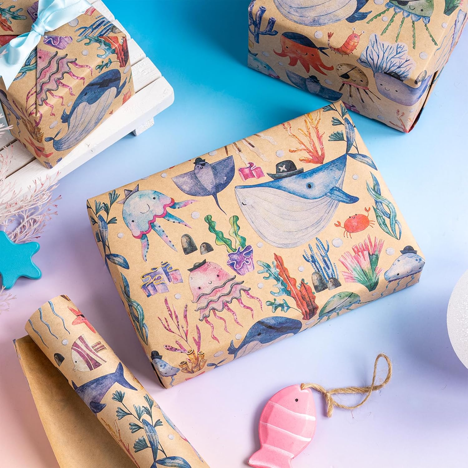 Baby Wrapping Paper Neutral Kraft Paper Roll, Mini Roll, Pirate Themed Ocean Design With Whales And Marine Organism, Ideal For Baby Shower And Birthday Party, 17 Inches X 16.4 Feet