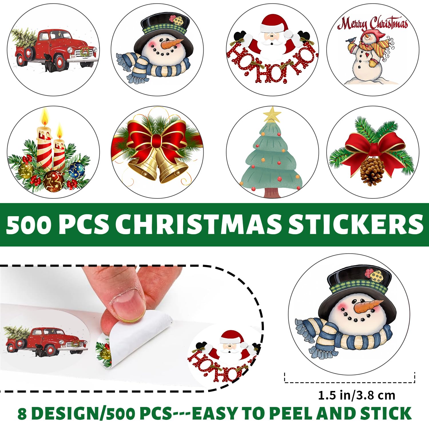 Christmas Stickers Merry Christmas Stickers For Cards Crafts Gifts, 500 Pcs Happy Holidays Sticker For Envelopes 1.5" Small Xmas Envelope Seals Sticker Roll For Gift, Boxes, Round (Christma)