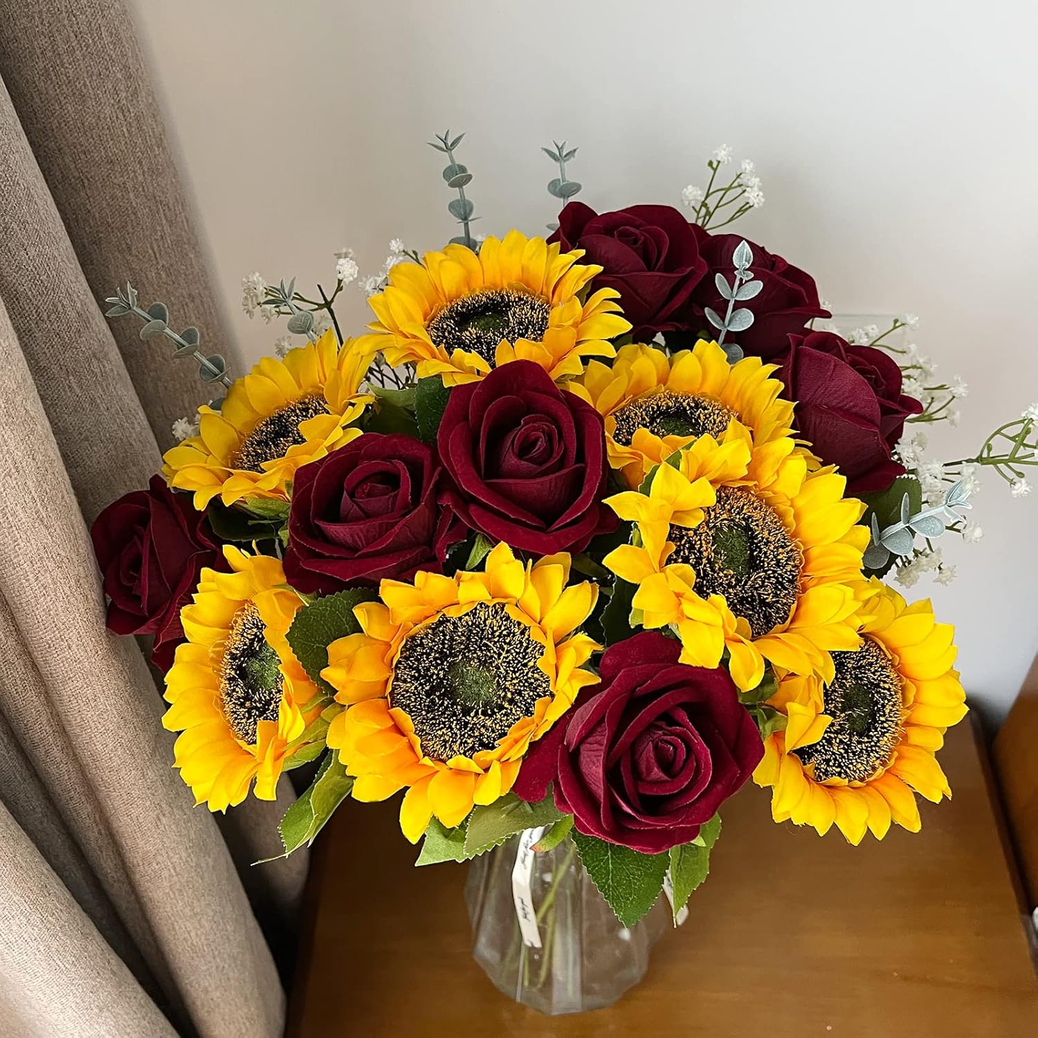 24Pcs Fake Rustic Combination Flowers Artificial Fall Decor Long Single Stem Flower Include Sunflowers Babys Breath Burgundy Roses And Green Eucalyptus Stems For Wedding Home Party Decor