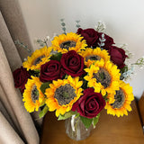 24Pcs Fake Rustic Combination Flowers Artificial Fall Decor Long Single Stem Flower Include Sunflowers Babys Breath Burgundy Roses And Green Eucalyptus Stems For Wedding Home Party Decor