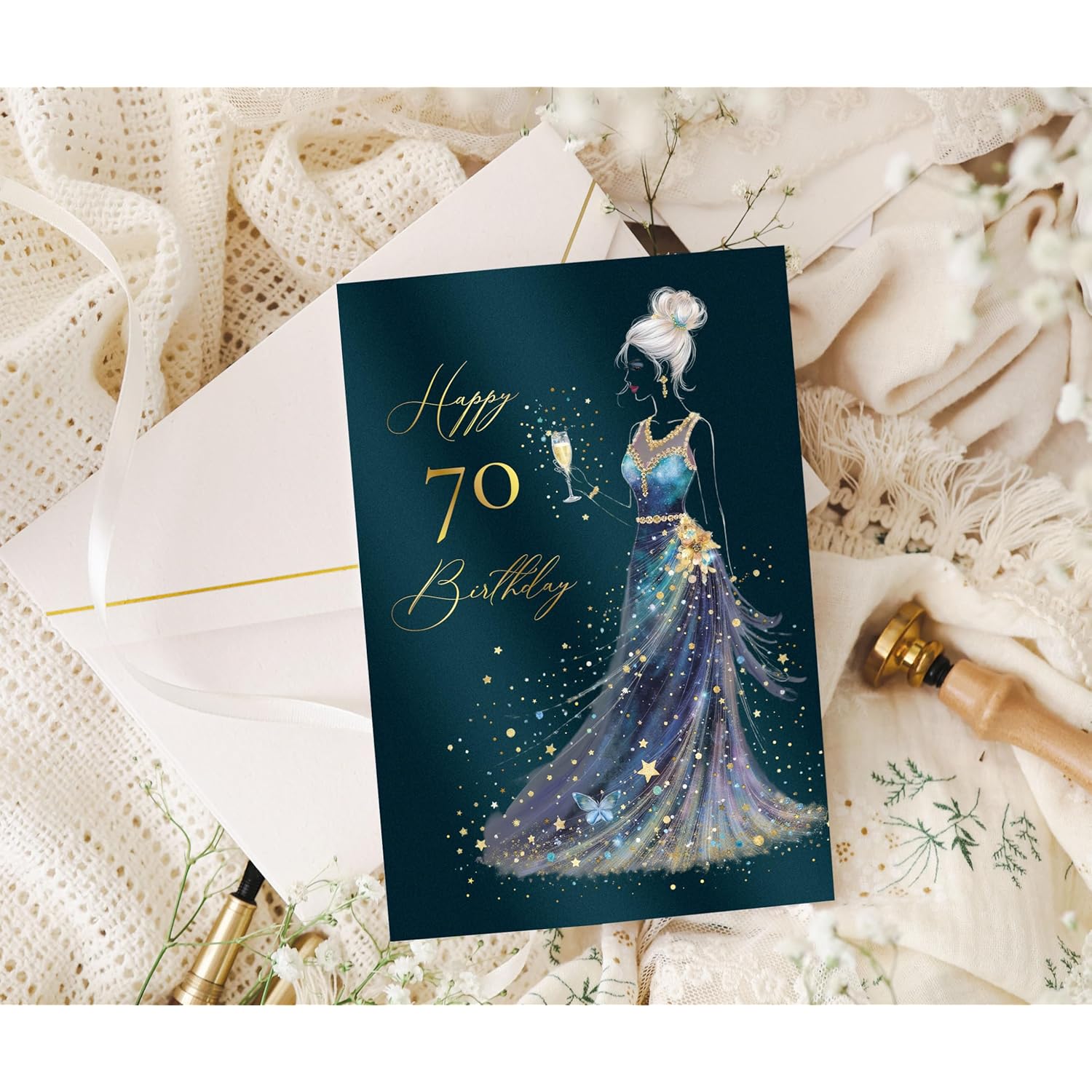 70Th Birthday Card For Women Stardust Lady - Premium 70Th Birthday Cards For Women With Premium Paper Envelope And Real Wax Seal - 6.7 X 4.5 Inch