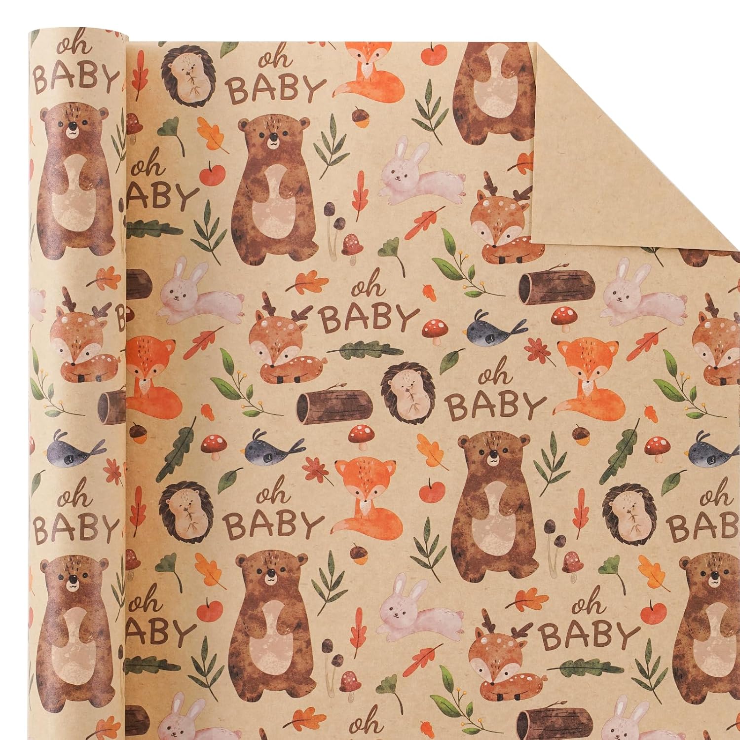 Kraft Jungle Baby Shower Wrapping Paper Roll - Mini Roll - 17 Inch X 16.5 Feet - Oh Baby And Little Woodland Animal Wrapping Paper For Baby Shower, Kids Girls Boys Birthday