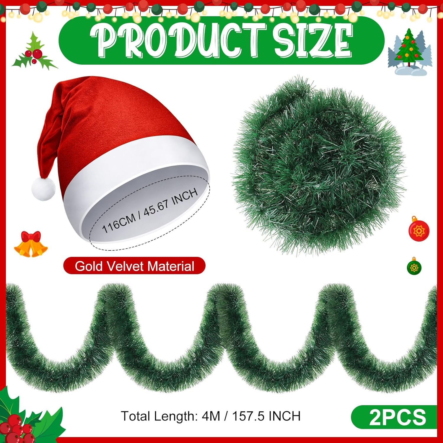 Skeleton Plush Santa Hats With 158 Inches Christmas Norfolk Pine Garland Skeleton Accessories(12 Ft)