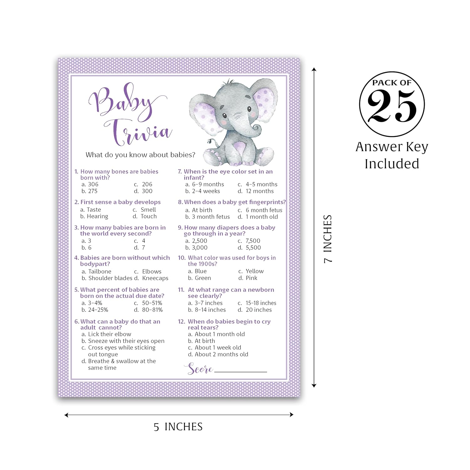 Gender Neutral Baby Shower Games — Baby Trivia Game — Pack Of 25 — Purple Elephant Little Peanut Theme, Fun Facts Baby Shower Activity, Gender Reveal Party Couples Shower, Sprinkle, Sip & See G503-Trv