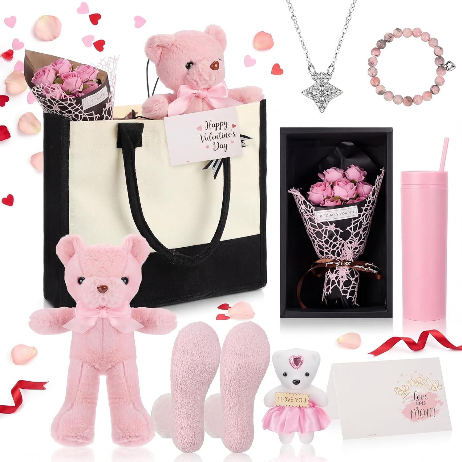 9 Pcs Valentine'S Day Gifts For Mom, Anniversary Birthday Gifts For Mother, Gift For Women Set Includes Tumbler Artificial Flower Bouquet Keychain Necklace Bracelet Tote Bag Sock Card(Pink)