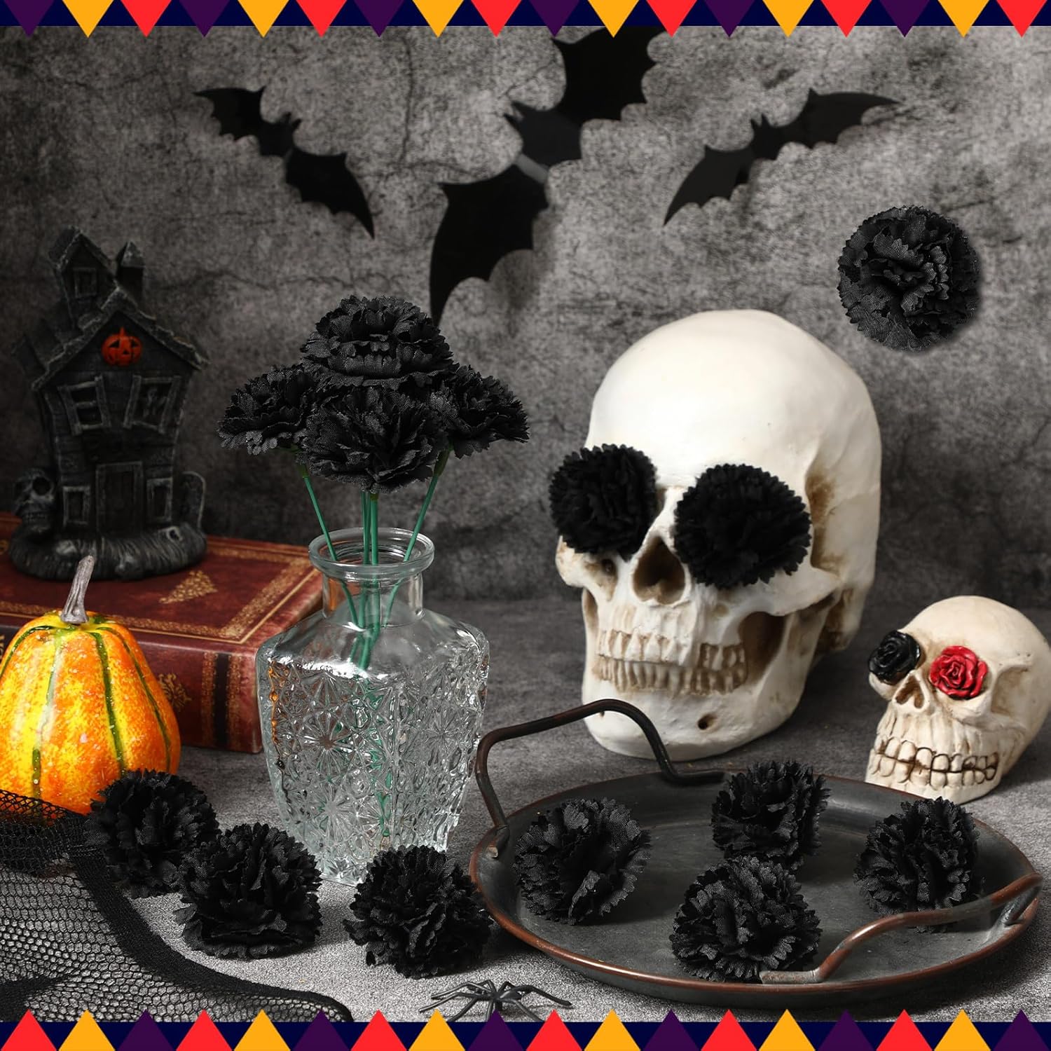 30 Pcs Marigold Flower Heads Bulk, Mexican Black Artificial Marigold Flowers For Day Of The Dead Decorations Diy Wreath Garland Craft Indian Diwali Dia De Los Muertos Halloween Home Decor