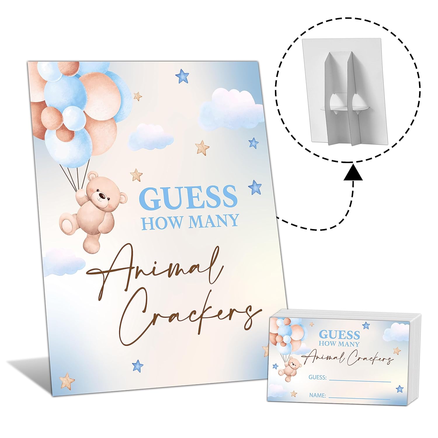 We Can Bearly Wait Baby Shower Games, 8X10 Inches Guess How Many Animal Crackers Sign With 50 Guessing Cards, Bear Balloon Baby Shower Party Decorations Supplies Favors - G01