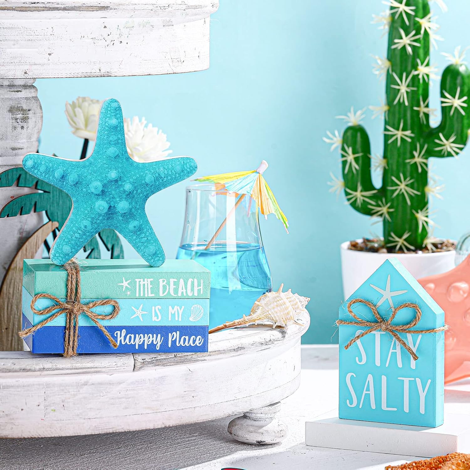 5 Pcs Starfish Beach Tiered Tray Decor Coastal Summer Decoration For Home Ocean Blue Table Centerpieces 3 Faux Books Bundle With Twine Rustic Farmhouse Wood House Sign For Office Tabletop Shelf