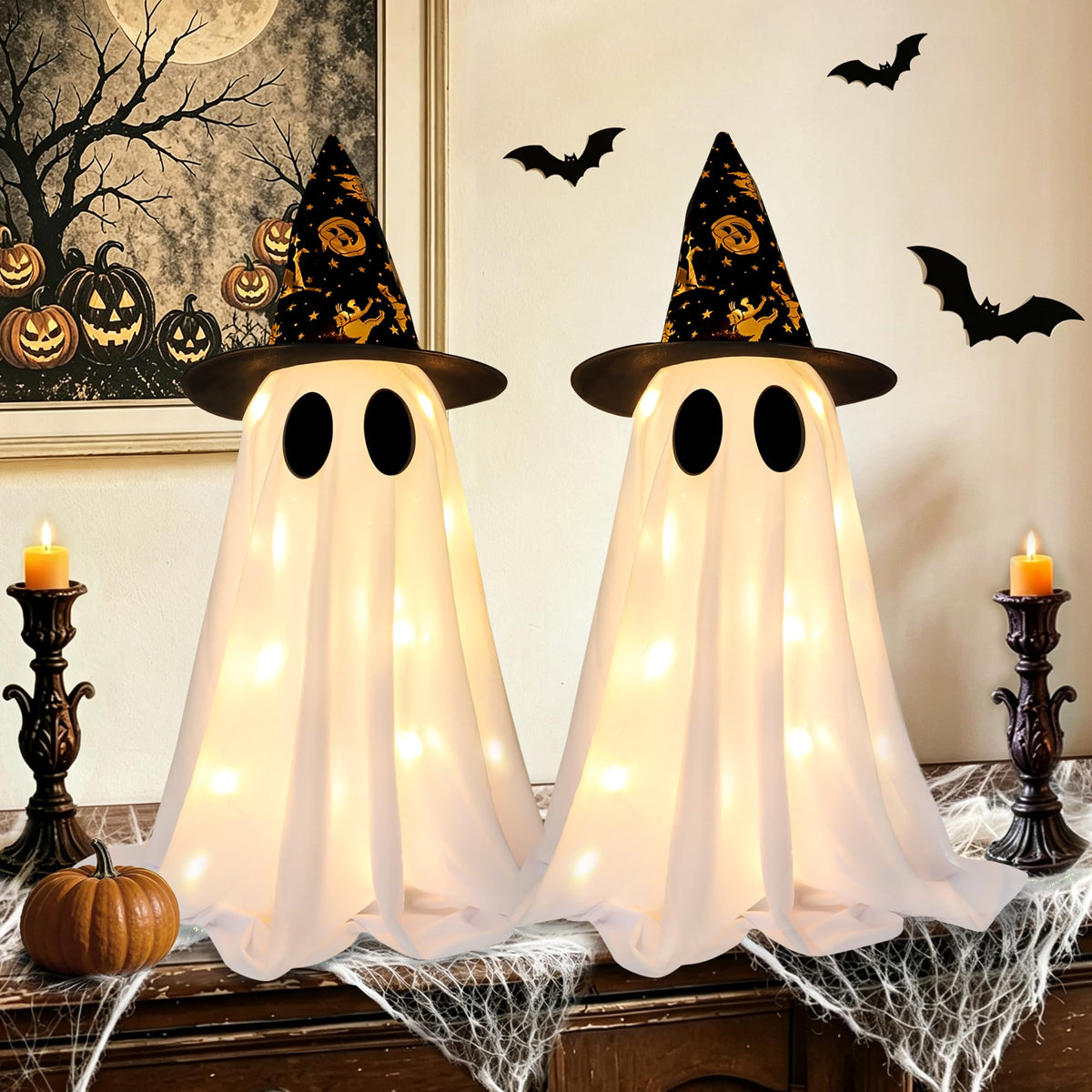 2 Pack Halloween Ghost Decorations, 21.7 Inch Lighted Halloween Decorations, Battery Operated Tabletop Ghost Decor with Witch Hats for Mantel Fireplace Table Entryway Indoor Party Office Home Decor