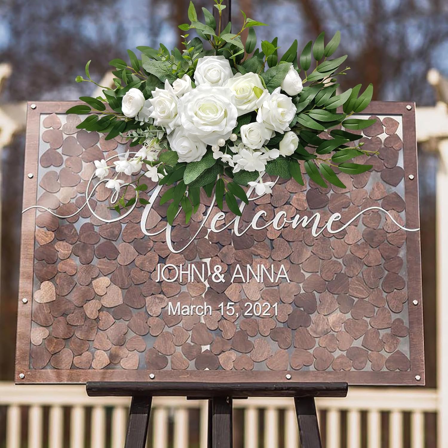 Artificial Flower Swag, Wedding Sign Flowers White Rose Flower Arrangements For Wedding Ceremony Reception Entrance Welcome Board Sign Floral Decor