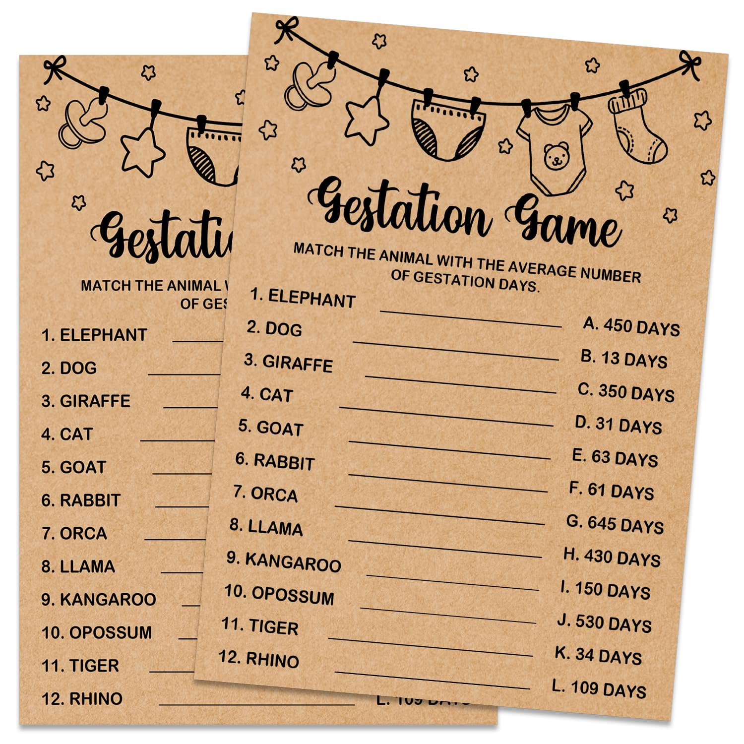 Baby Shower Game, Gestation Game Cards, Baby Shower Party Games Supplies & Activities, Baby Shower Decorations, Baby Shower Ideas, Kraft