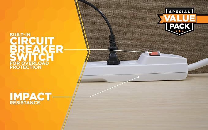 2 Pack Power Strip 6 Outlets 2.5FT Extension Cord White