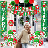 59Pcs Christmas Birthday Decorations - Happy Birthday Banner, Porch Sign, Door Backdrop, Outdoor Hanging Decor And Balloons For Party Supplies