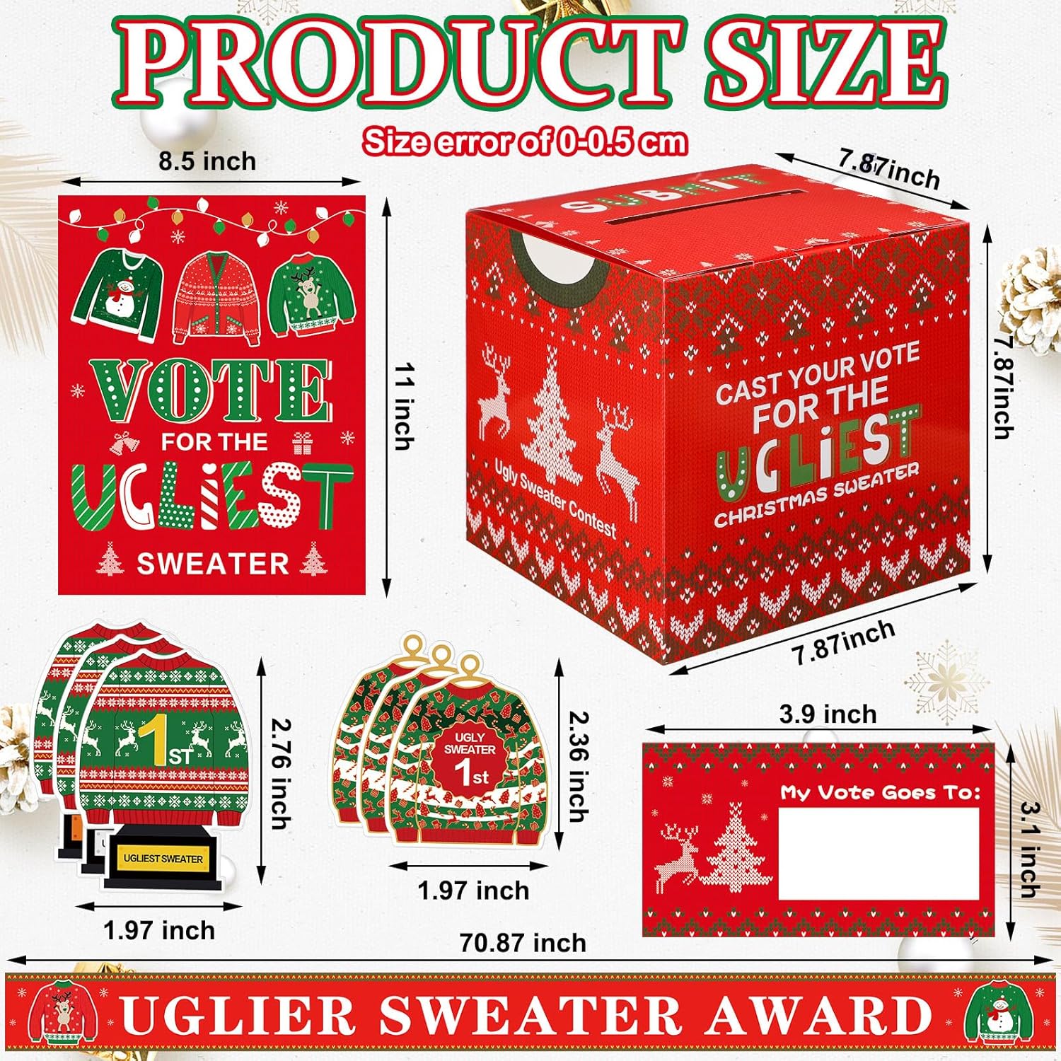 71 Pcs Christmas Ugly Sweater Game Sets With Contest Ballot Box, 60 Voting Cards, 3 Award Sashes, 1 Ugly Sweater Table Sign, 3 Prize Necklaces, 3 Award Badges For Party Game Supplies