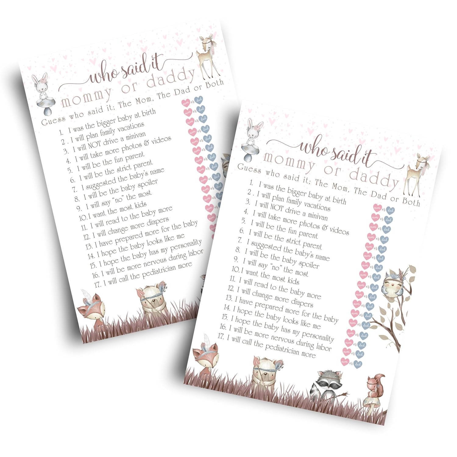 Woodland Baby Shower Games For Girl - 25 Guess Who Mommy Or Daddy Game Cards, Fun Guessing Activities For Guests Prizes, Boho Animals Theme Neutral Pink, 25 Cards