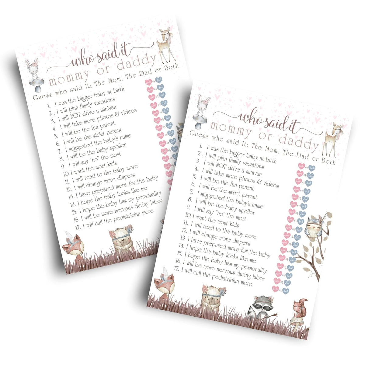 Woodland Baby Shower Games For Girl - 25 Guess Who Mommy Or Daddy Game Cards, Fun Guessing Activities For Guests Prizes, Boho Animals Theme Neutral Pink, 25 Cards