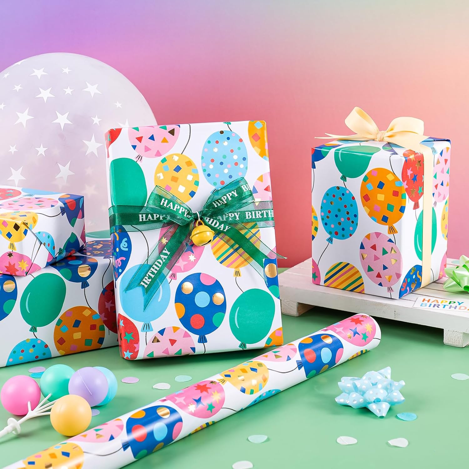 Birthday Wrapping Paper Roll - Mini Roll - 17 Inch X 16.5 Feet - Gold Foil Colorful Balloon Design Perfect For Birthday, Holiday, Party, Baby Shower