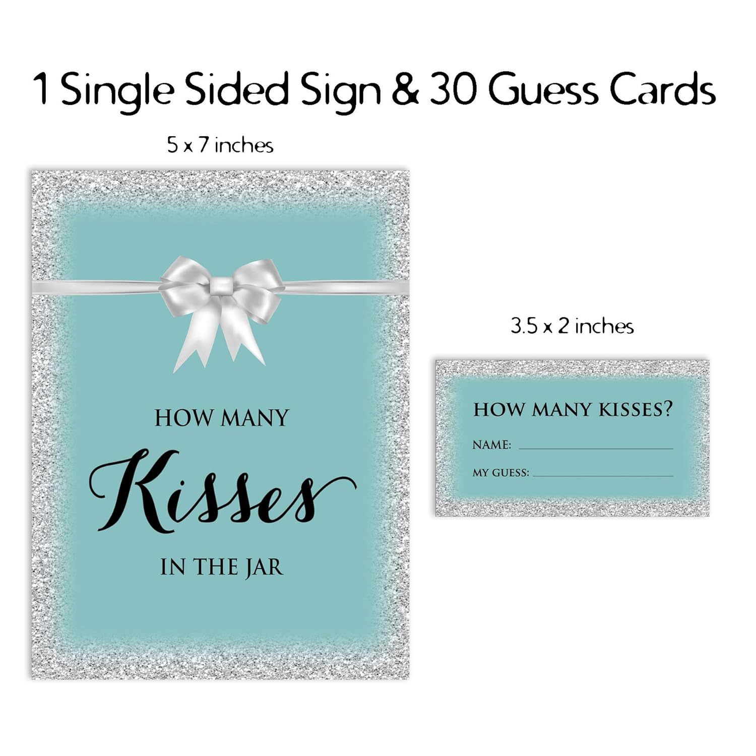Aquamarine Glitter How Many Kisses In The Jar Bridal Shower Game 1 Sign + 30 Cards