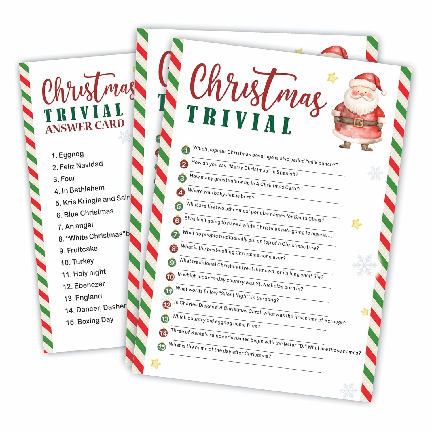30 Pack Christmas Party Game Cards - Christmas Trivial - Cute Santa Design Fun Xmas Games Activity For Office Groups, Festive Events Xmas Party Decorations (5" X 7",With One Answer Cards) - A05