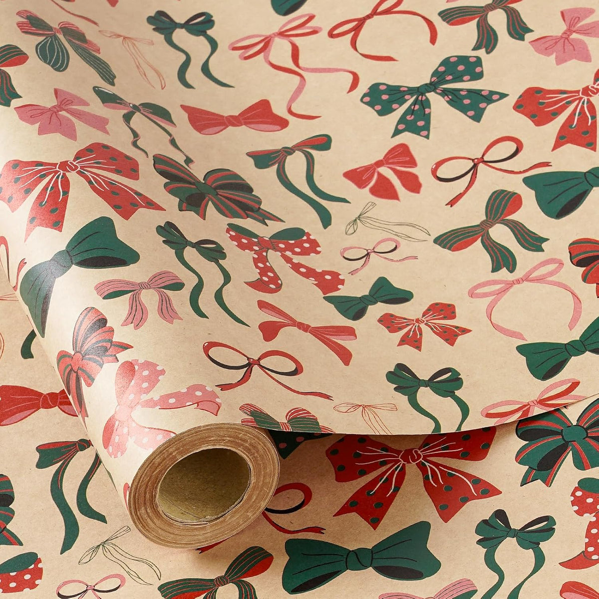 Kraft Christmas Wrapping Paper Roll For Girls, Mini Roll, Colorful Bow Design With Red, Green And Pink Ribbons, Kraft Gift Wrap For Christmas, Birthday, Holiday Party, 17 Inches X 16.4 Feet
