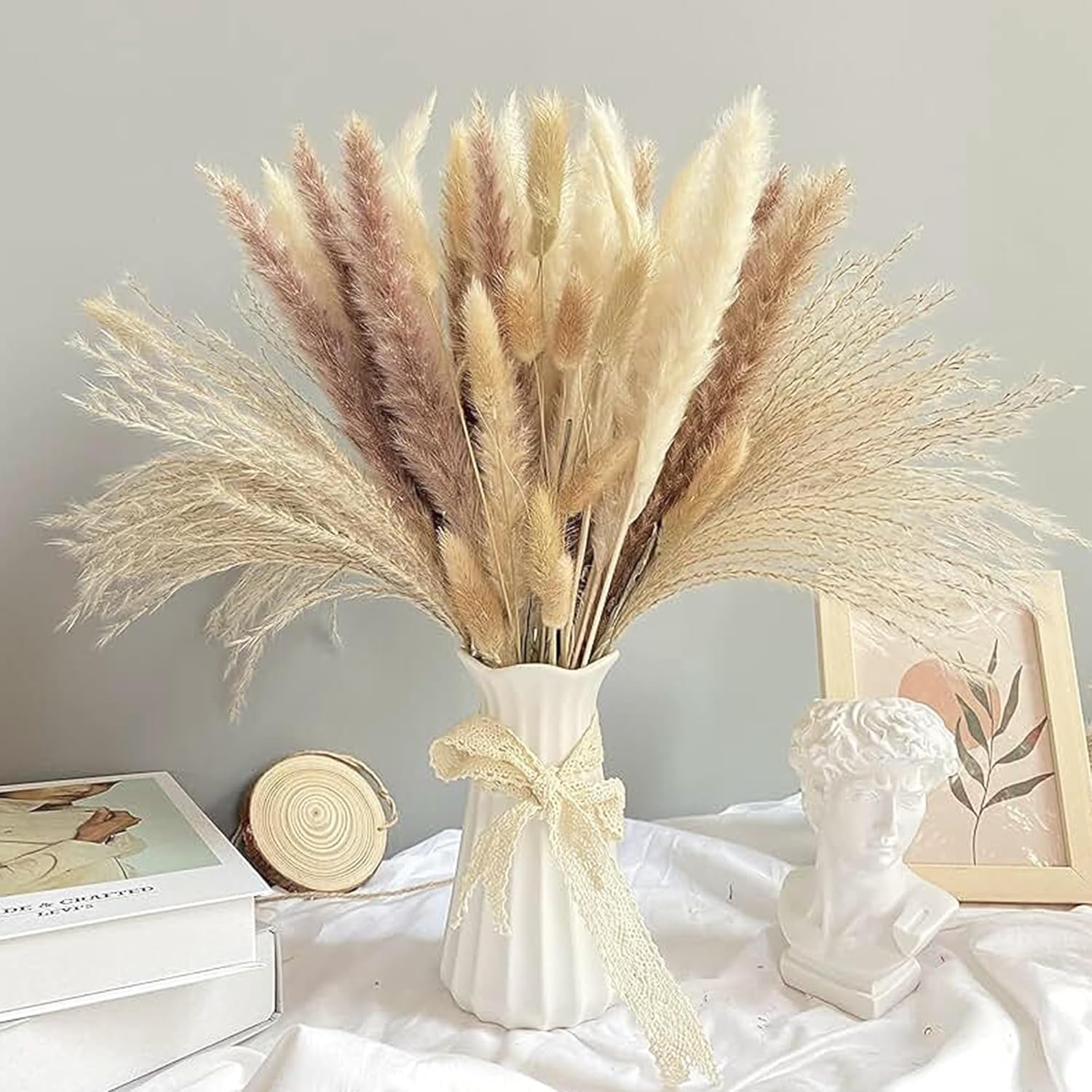 75Pcs Natural Dried Pampas Grass Decor - 17" Fluffy Pampas Grass Bouquet - Boho Home Decor Dried Flowers For Wedding Floral Room Home Party Table Decorations