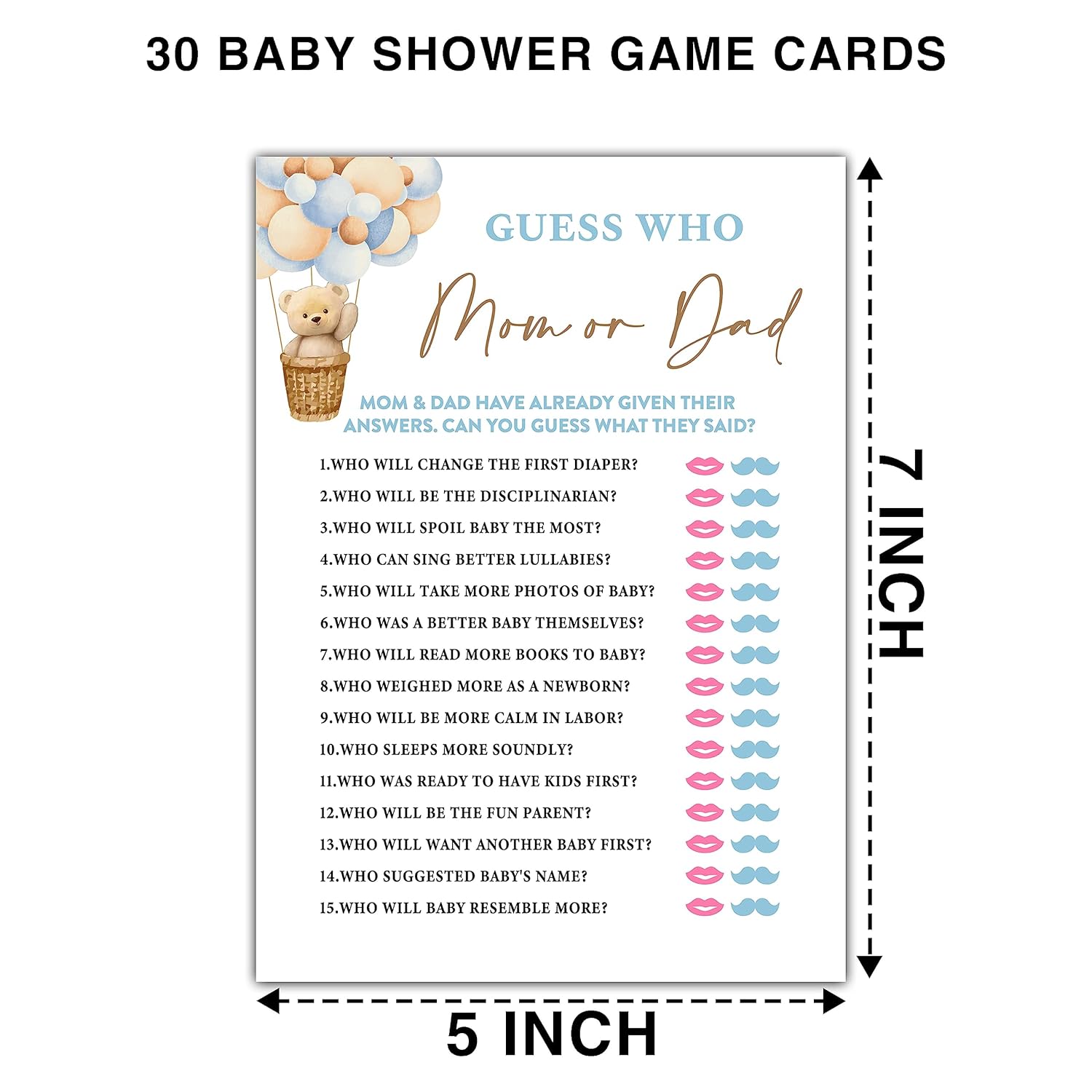 Bear Balloon 30 Guess Who Mom Or Dad Game Cards, We Can Bearly Wait Gender Reveal Party Supplies Favors (5"X7") - E05