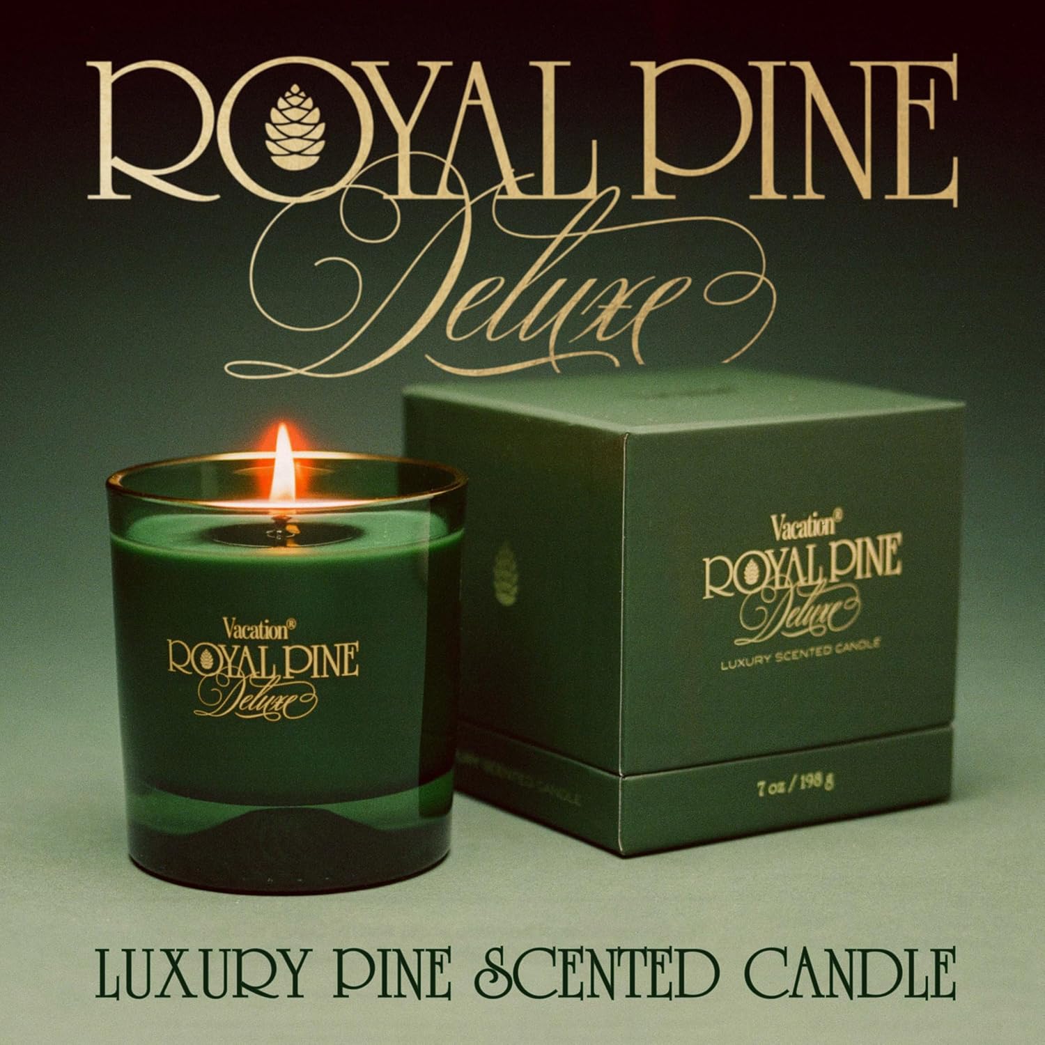 Royal Pine Deluxe Pine-Scented Candle By Sunscreen, Premium Soy-Blend Wax, 70-Hour Long Burning, Winter House Decor, Gift For Women & Men, 7 Oz.