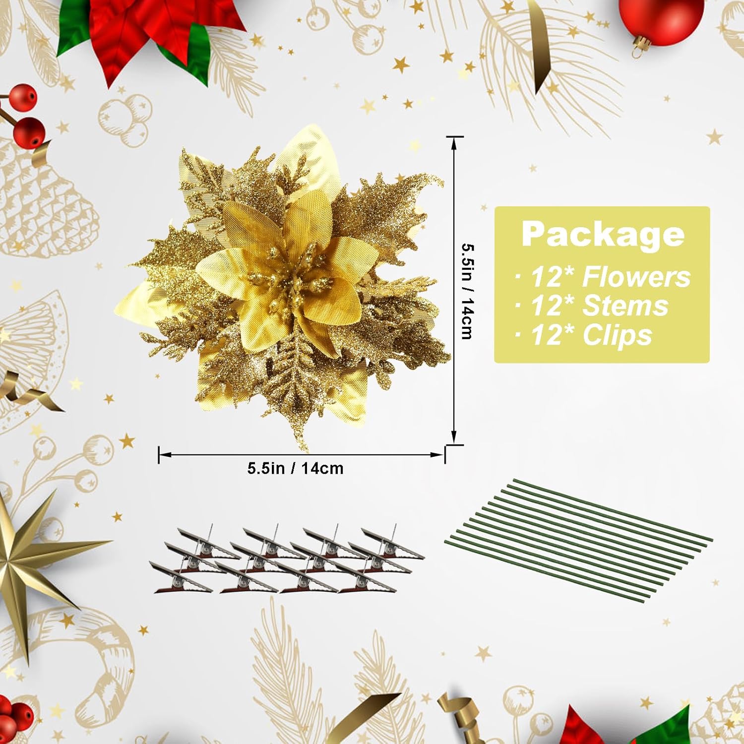 12 Pcs Poinsettia Artificial Christmas Flowers Decorations With Clips And Stems Glitter Christmas Poinsettia Decorations For Xmas Tree Ornaments Winter Party Wreath Decoration (Bright Golden)